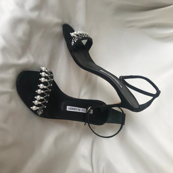 MANOLO BLAHNIK black suede with beading heel - Picture 2 of 9